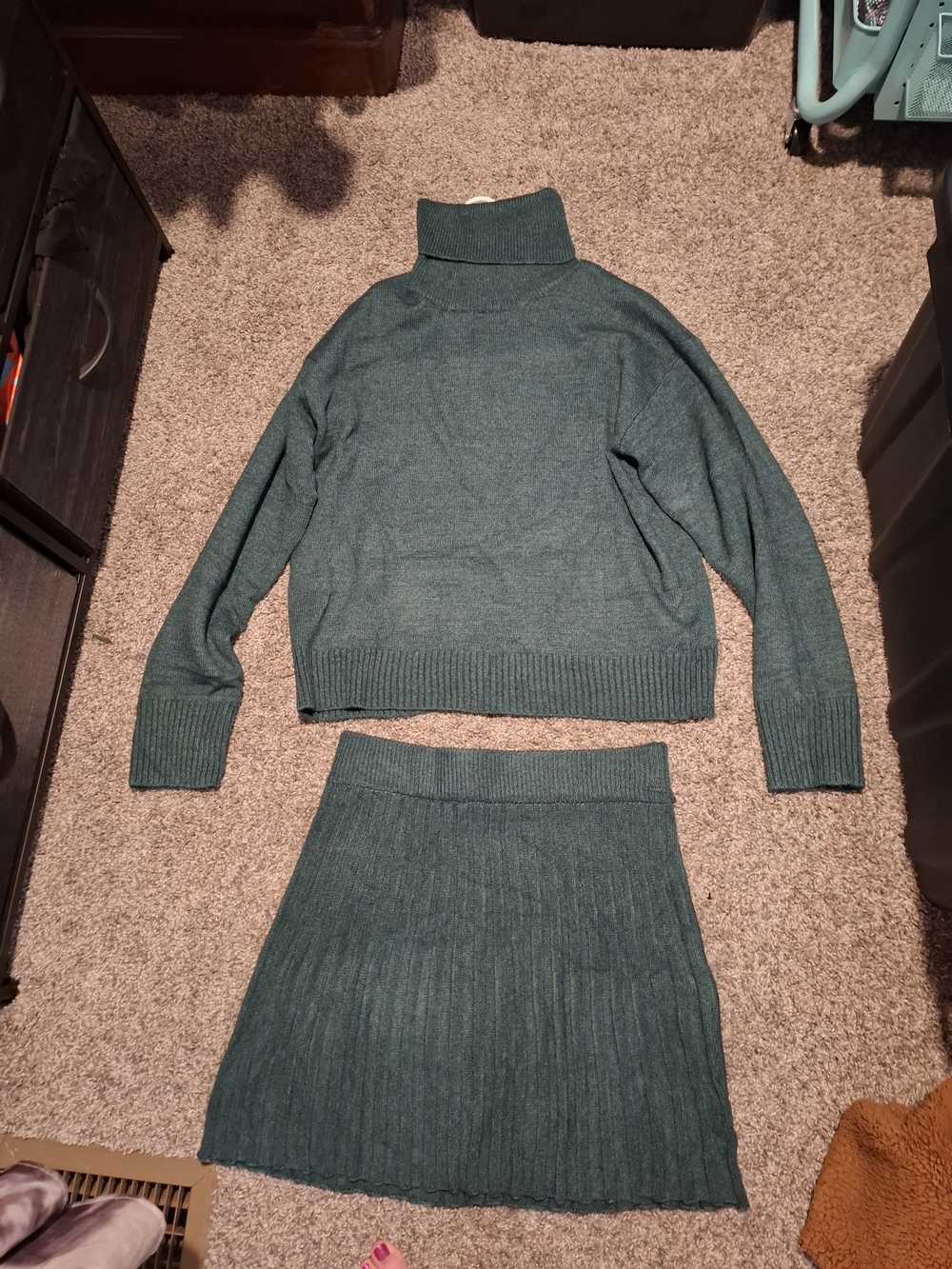 Cozy Turtleneck Knit Sweater & Ribbed Skirt Set - Teal Green NWOT